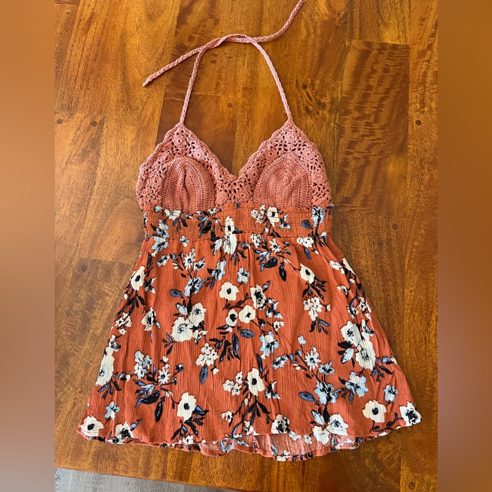 Floral Halter Top with Crochet Detail